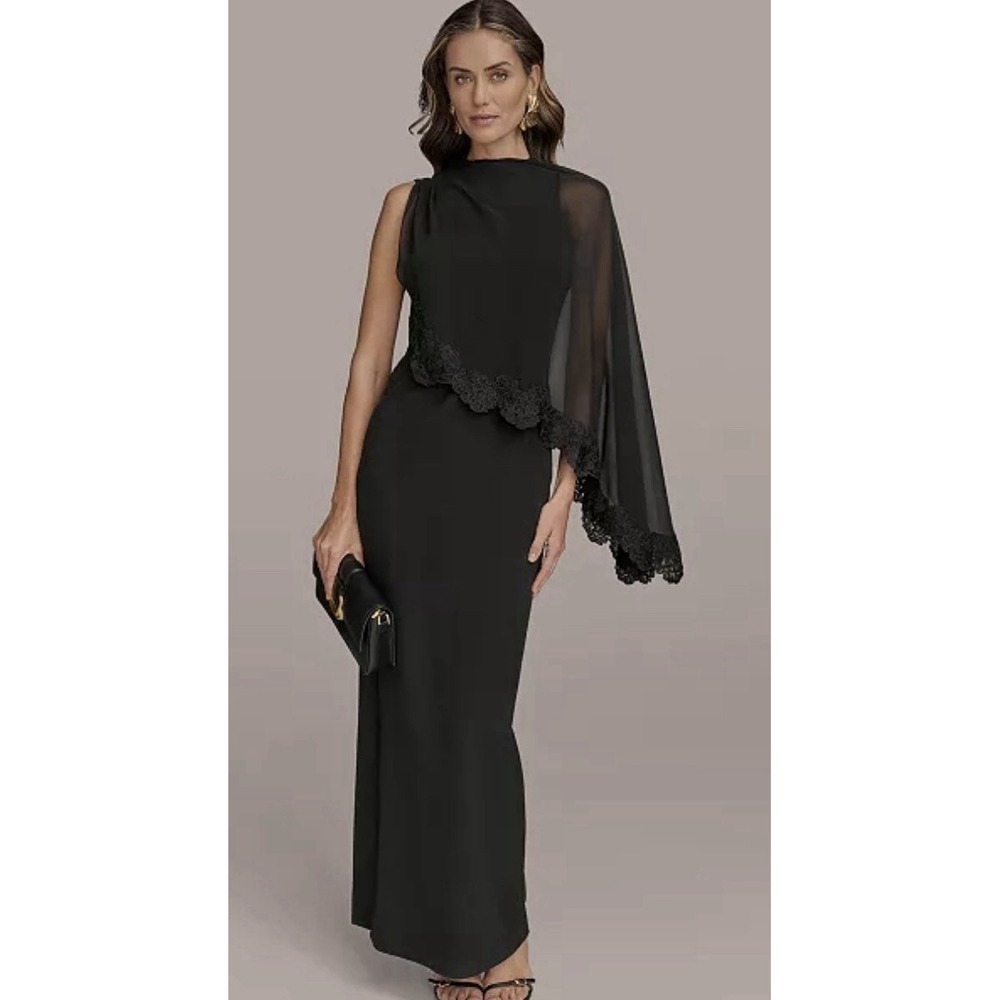 Donna Karan New York Chiffon Cape Overlay Gown Black Size 12 NWT